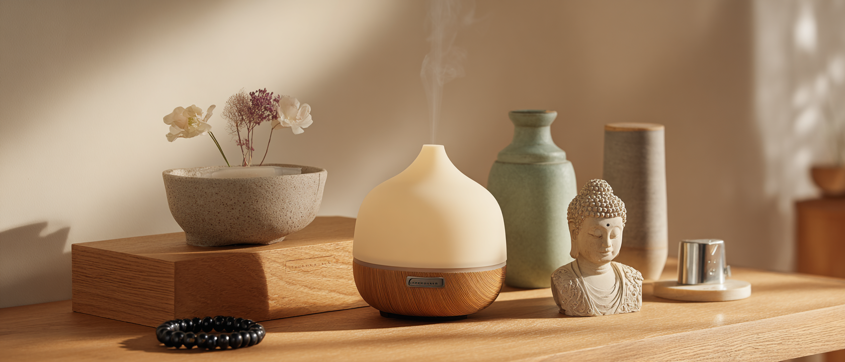 Difusor de aromaterapia sobre mesilla de dormitorio con luz cálida