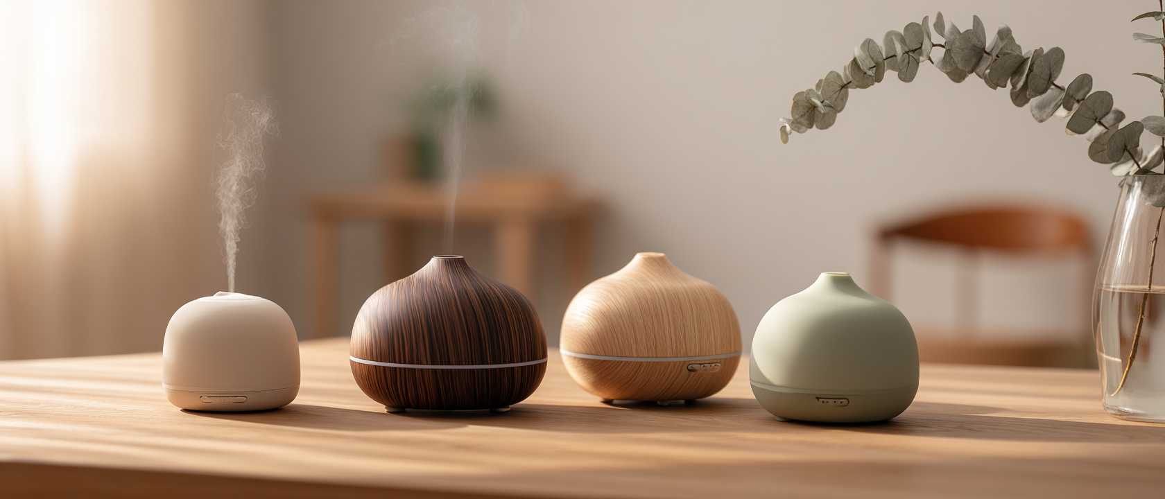 Difusores eléctricos comparados sobre mesa de madera