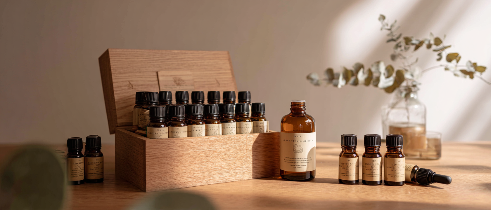 Sets de aceites esenciales sobre mesa de madera