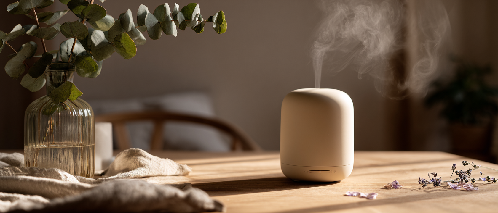 Difusor de aromaterapia sobre mesa de madera con eucalipto