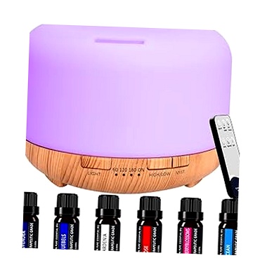 Difusor de Aromas 450ml con 6 Aceites Esenciales - Aromaterapia LED