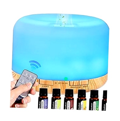 AQXONG Difusor 500ML con 6 Aceites Esenciales y Mando a Distancia
